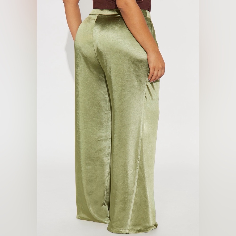 Fashion Nova Olive Green Wide-Leg Satin Pants - Picture 2 of 3